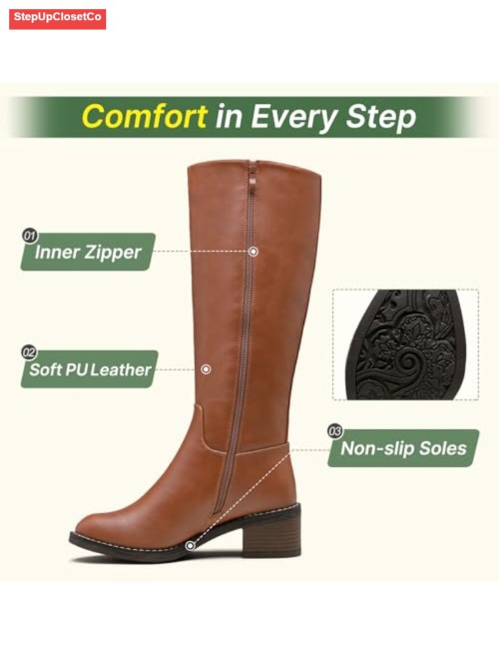 Women's Knee High Faux Leather Boots Memory Foam Block Heel Equestrian - Picture 2 of 6